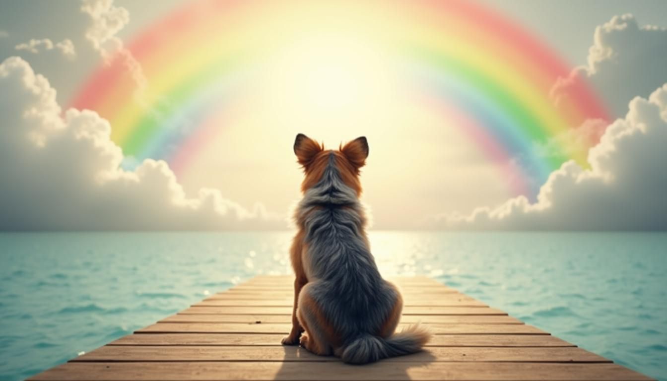 Perro sentado en un muelle mirando un arcoíris sobre el mar