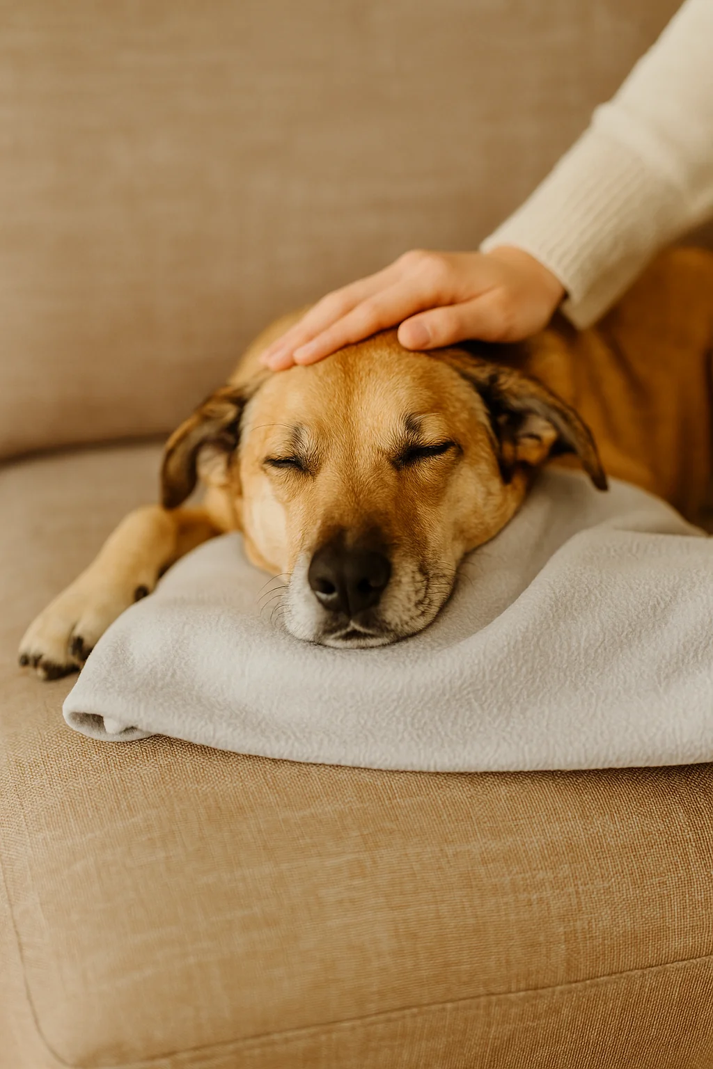 Perro dormido en el sofá mientras su dueña le acaricia la cabeza