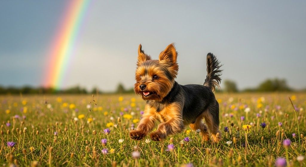 Yorkshire terrier corriendo por un prado con un arcoíris al fondo