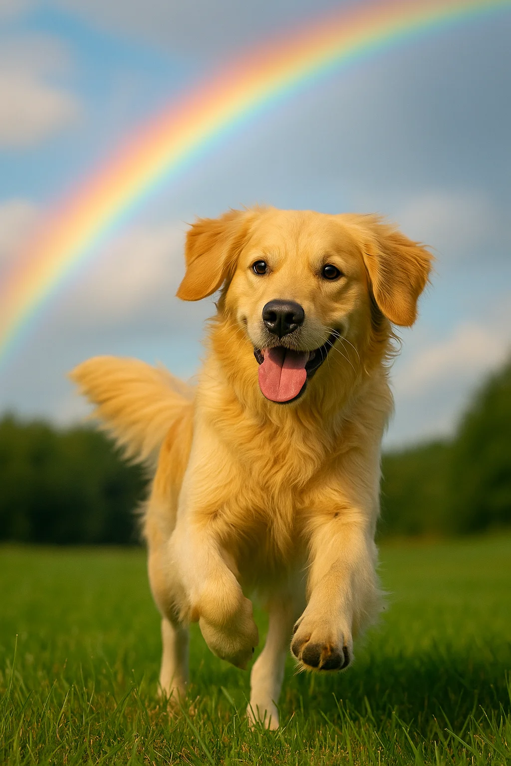 Golden retriever corriendo feliz por un prado bajo un arcoíris