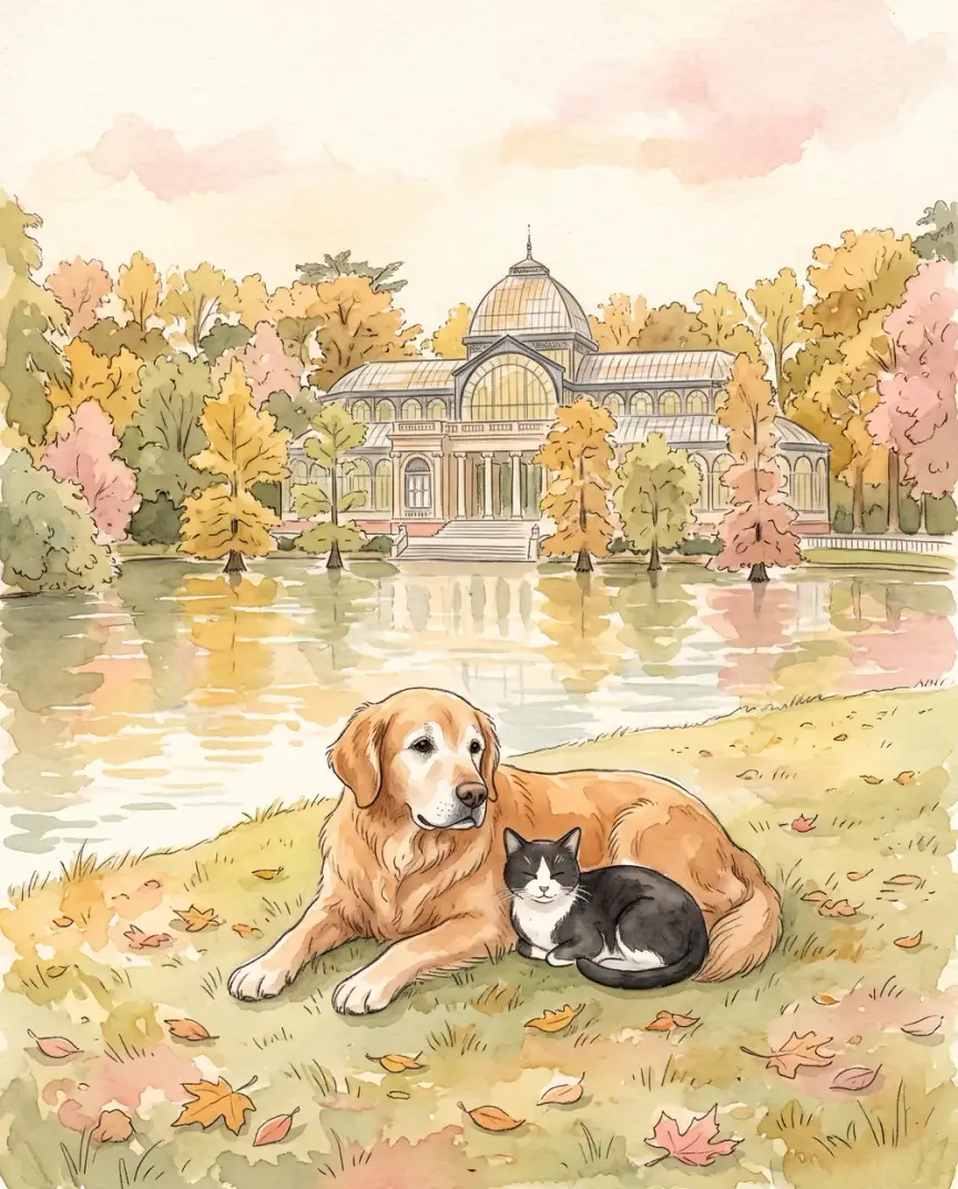 Ilustración de un golden retriever y un gato blanco y negro descansando junto al estanque del Retiro, con el Palacio de Cristal al fondo